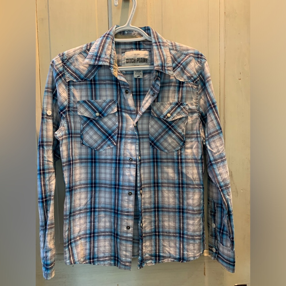 Blue & White Plaid Long-Sleeve Shirt